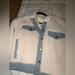 White Sherpa Jacket with Blue Trim